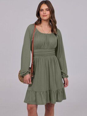 Women's Army Green Long Lantern Sleeve Waist Ruffle Flowy Swing A-Line Short Dre